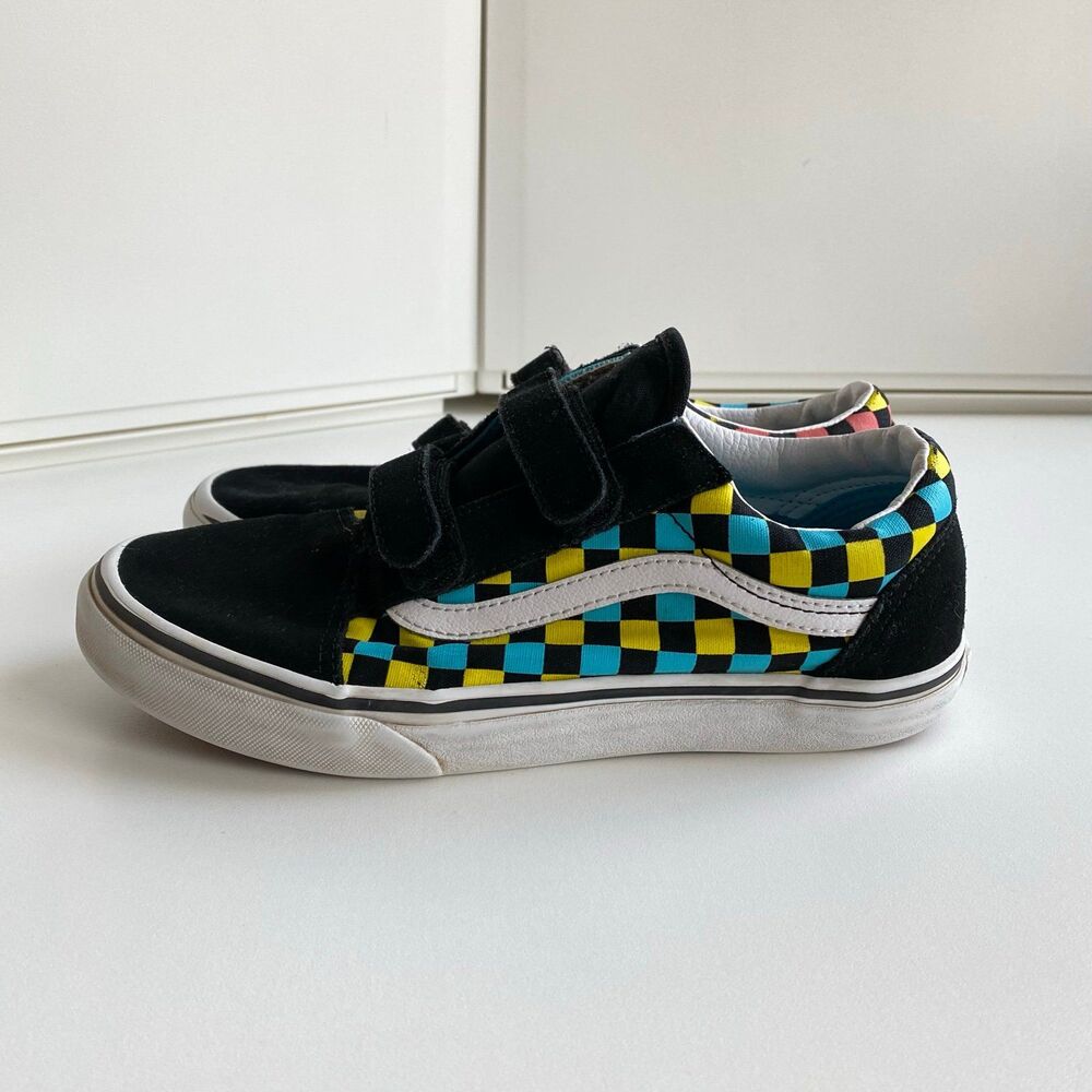 Vans Old Skool V Neon Glow Check Black/Multi Unisex Junior‎ 6 Hook Loop Shoes